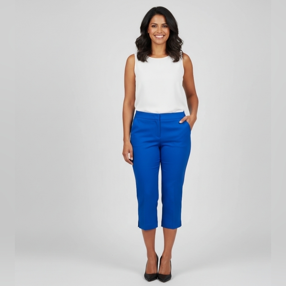 SC&CO US 14  Royal Blue Mid-Rise Capri Pants, Tummy Control Office Casual Chic